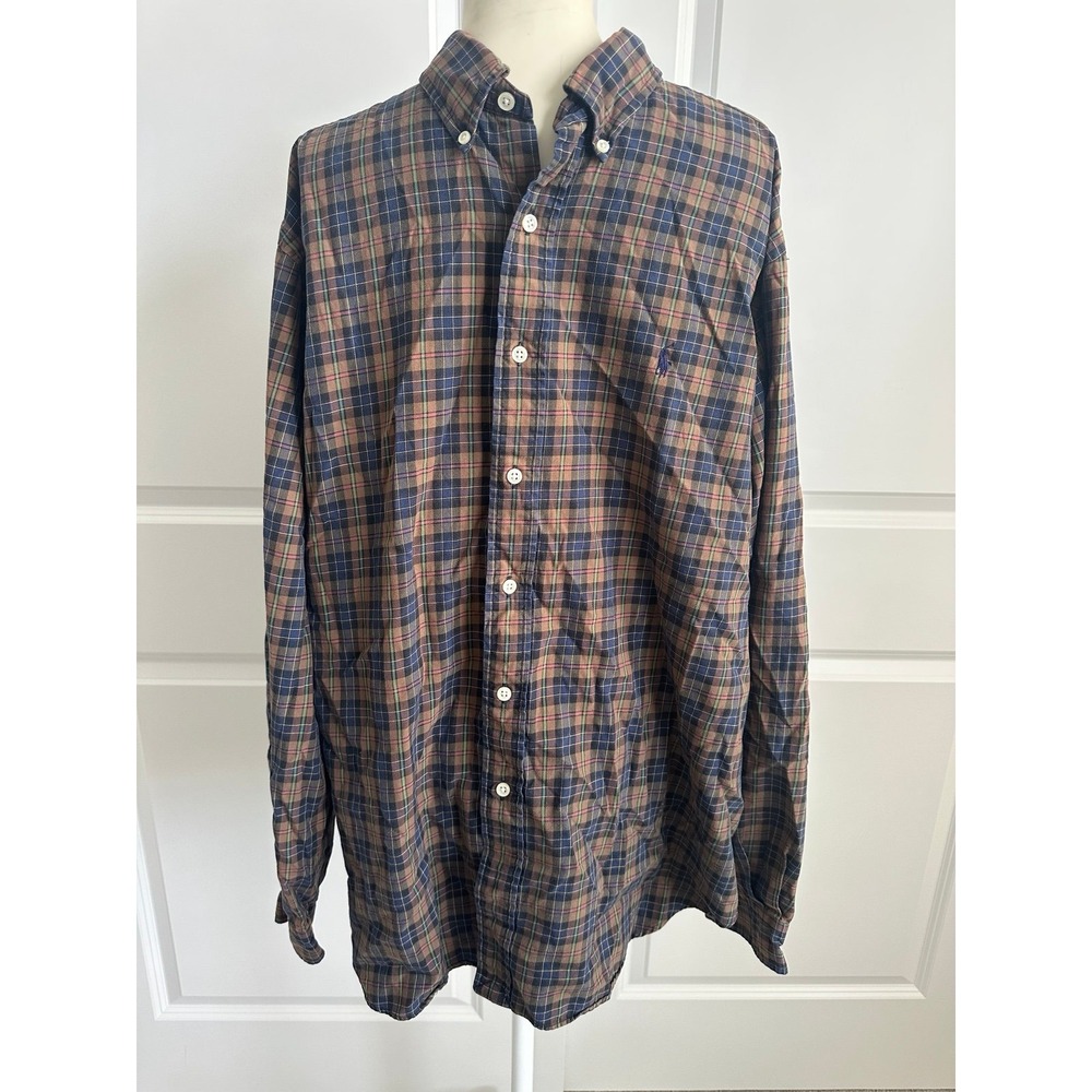 Ralph Lauren Mens XL Classic Fit Plaid Button Down Shirt Brown Navy Long Sleeve